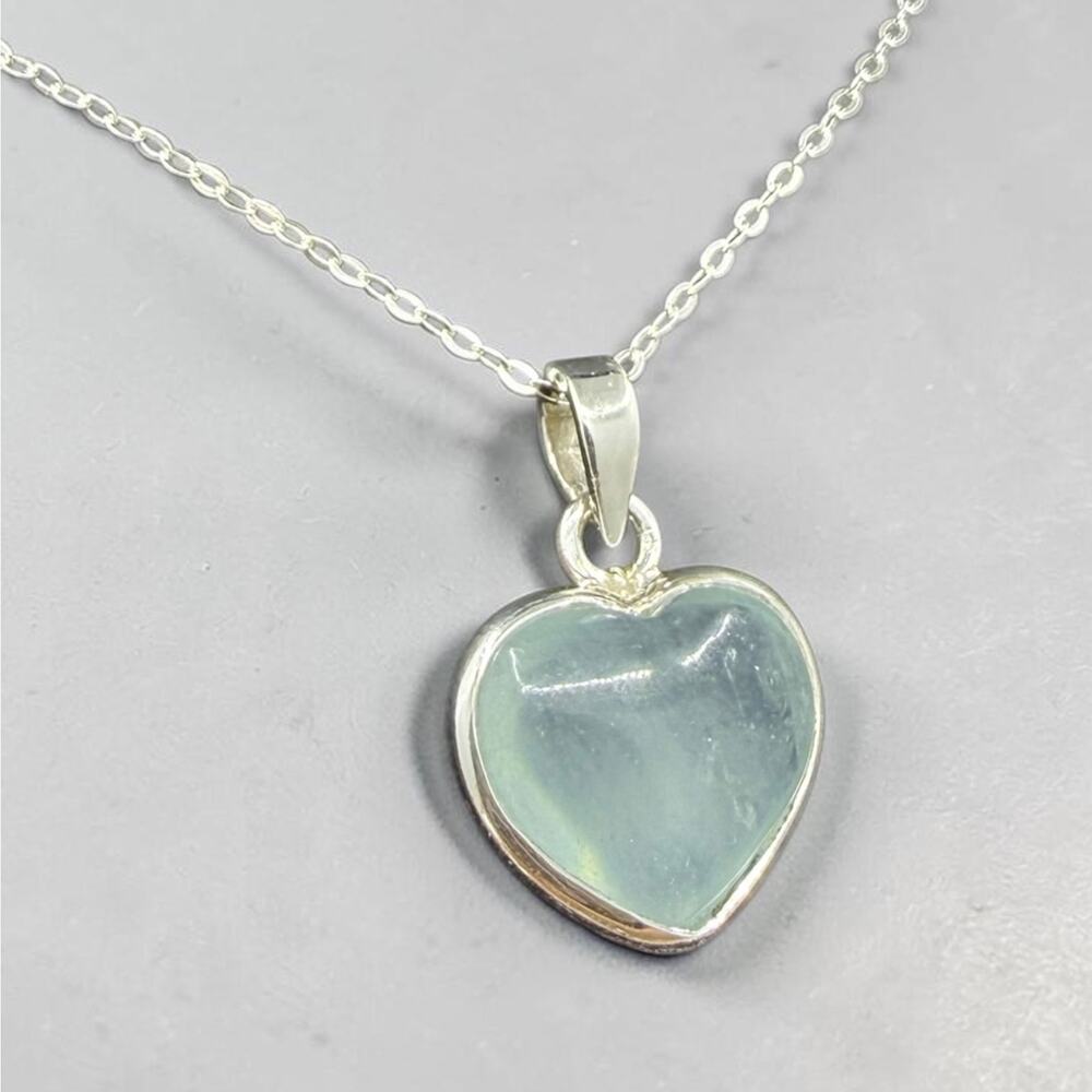 Natural Aquamarine Heart Pendant Necklace 925 Sterling Silver 18 inch Chain